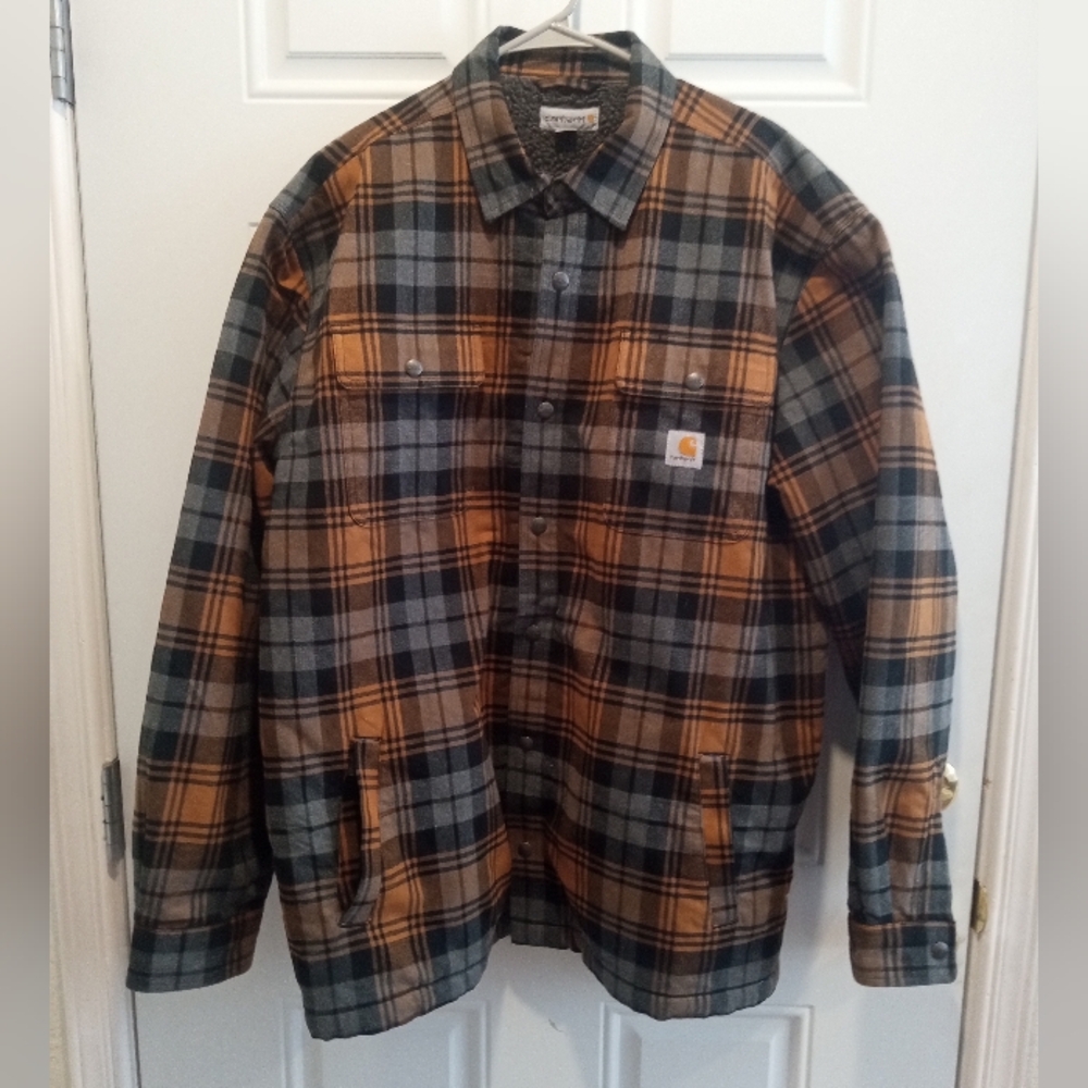 Carhartt Plaid Shirt Jacket in Brown and Gray With Lining And Snap Buttons